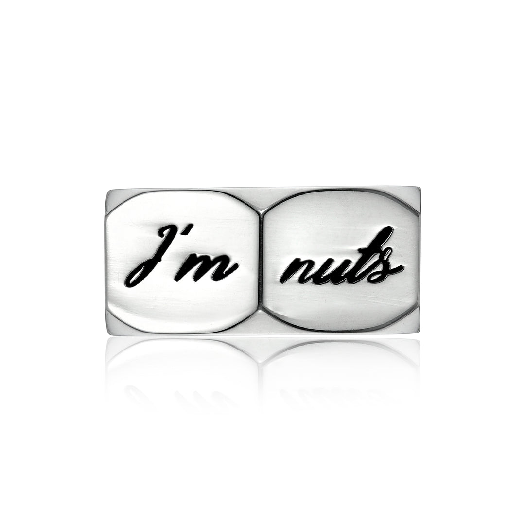 Silver hex nut charm with 'I'm nuts' text on a white background