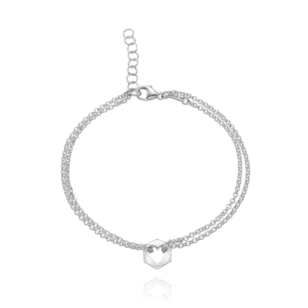 Silver hex nut charm bracelet with a heart-shaped cut out in center with silver chain looped through either side, on a white background