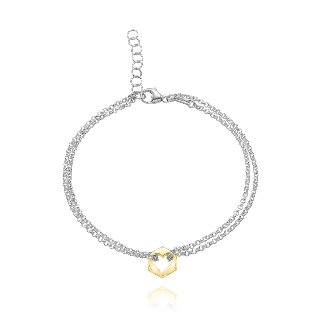 Yellow gold hex nut charm bracelet with a heart-shaped cut out in center with silver chain looped through either side, on a white background
