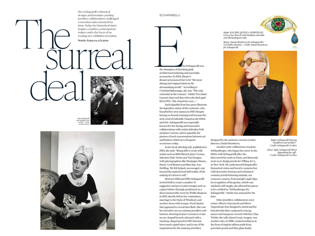 Magazine layout featuring text, a black-and-white photo of a man and woman, and a gold crying eye brooch by Rachel Quinn.