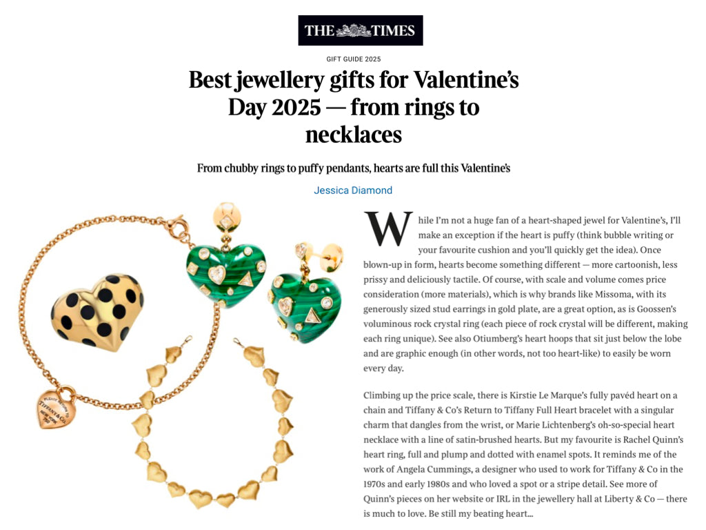 Magazine Valentine's Day gift guide article featuring a group of gold heart jewelry for The Times Sunday on a white background