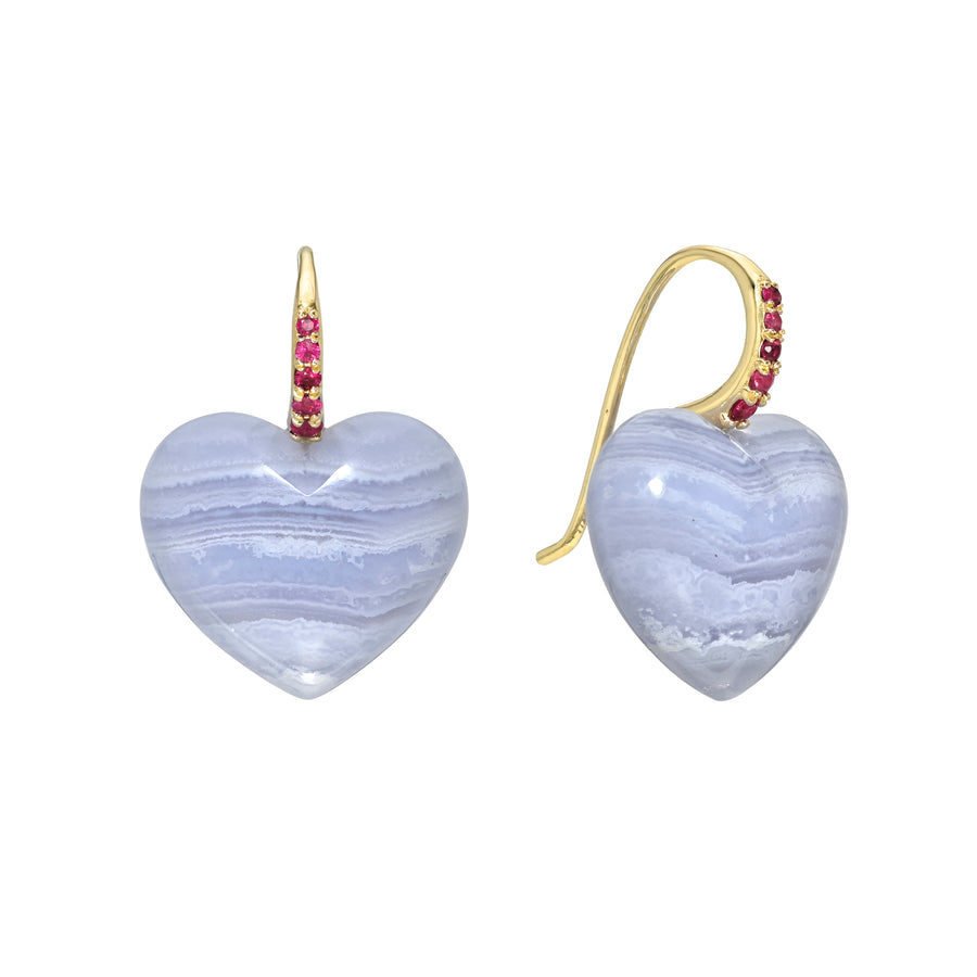 Heart earrings by Rachel Quinn in blue lace agate stone with gold ear wires with pink sapphires pave-set in the front against a white background