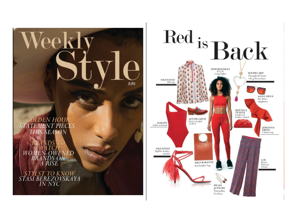 Magazine featuring an array of women's clothes and accessories next to a close up of a woman's face surrounded by neutral colors.
