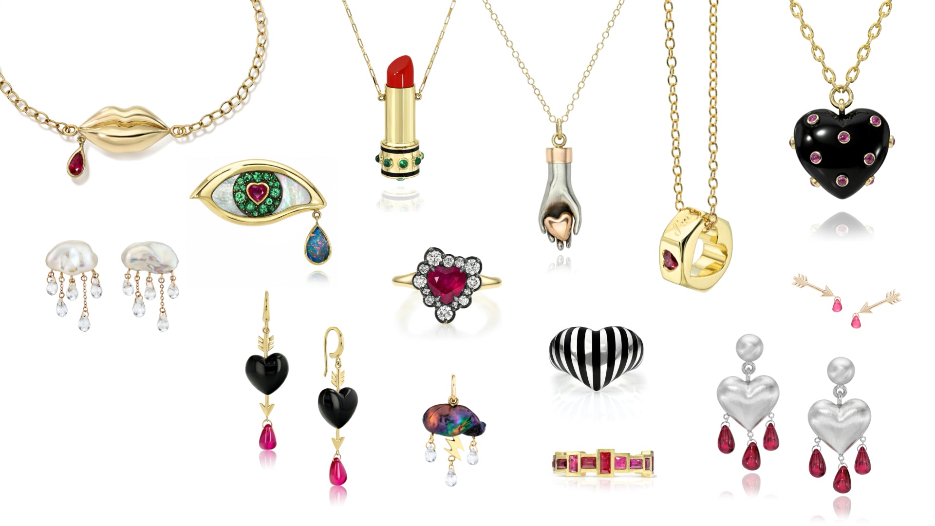 A collection of jewelry displayed on a clean white background, featuring gold-tone necklaces, earrings, rings, with colorful gemstone details.