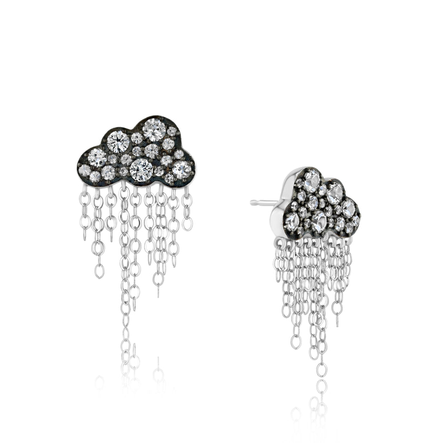 Rachel Quinn Jewelry black cloud shaped earring pair with pave white sapphires on cloud and dangling chains
