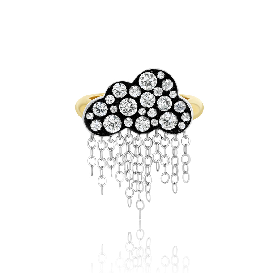 Rachel Quinn Jewelry black cloud shaped ring with pave white sapphires on cloud and dangling chains on yellow gold band