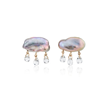 grey keshi pearl earrings in cloud-like form with three white topaz dangling from the bottom with yellow gold components