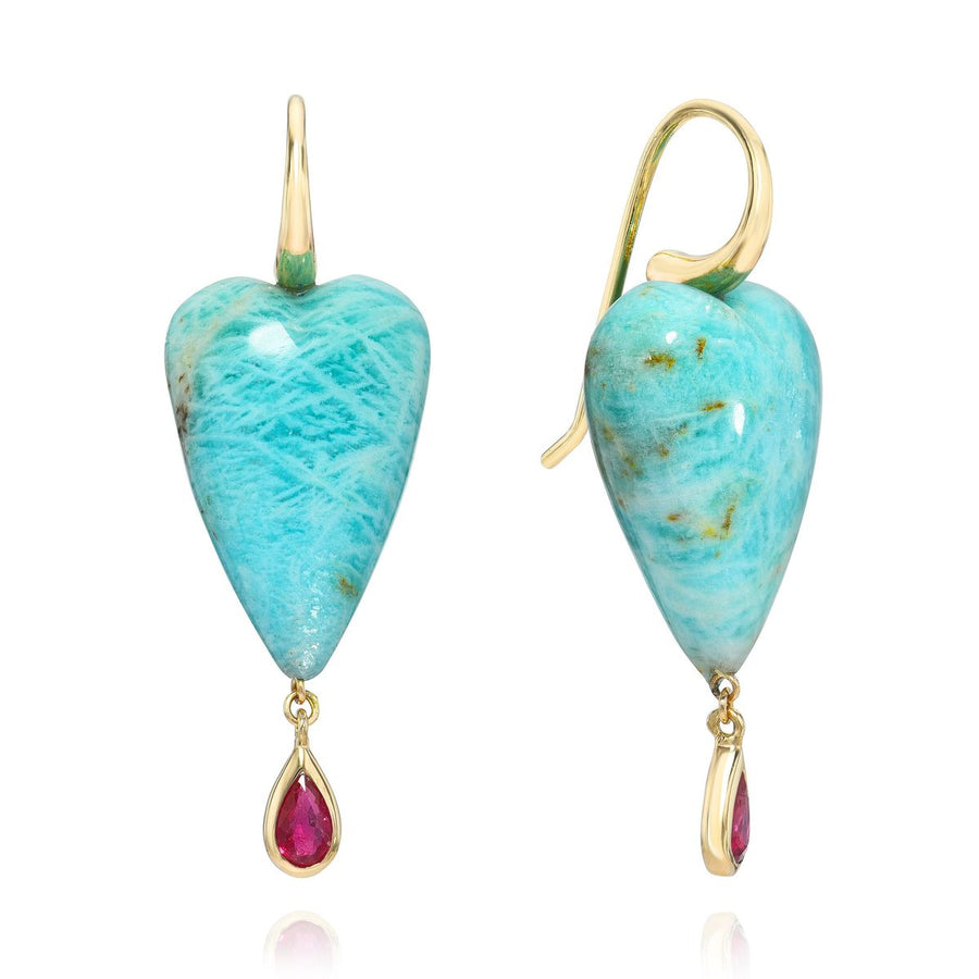Rachel Quinn Jewelry hand-carved amazonite heart earring pair topped with 14K yellow ear wires with a bezel-set ruby droplet