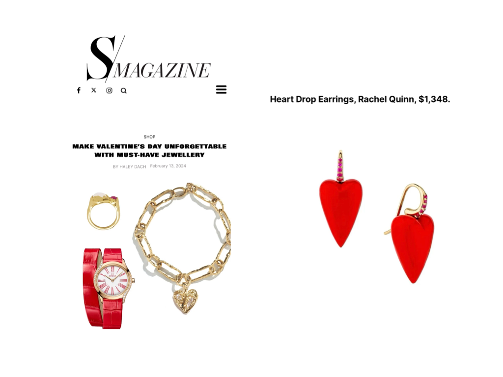 S Magazine Valentine’s Day article featuring red and gold jewelry, including red heart earrings by Rachel Quinn.