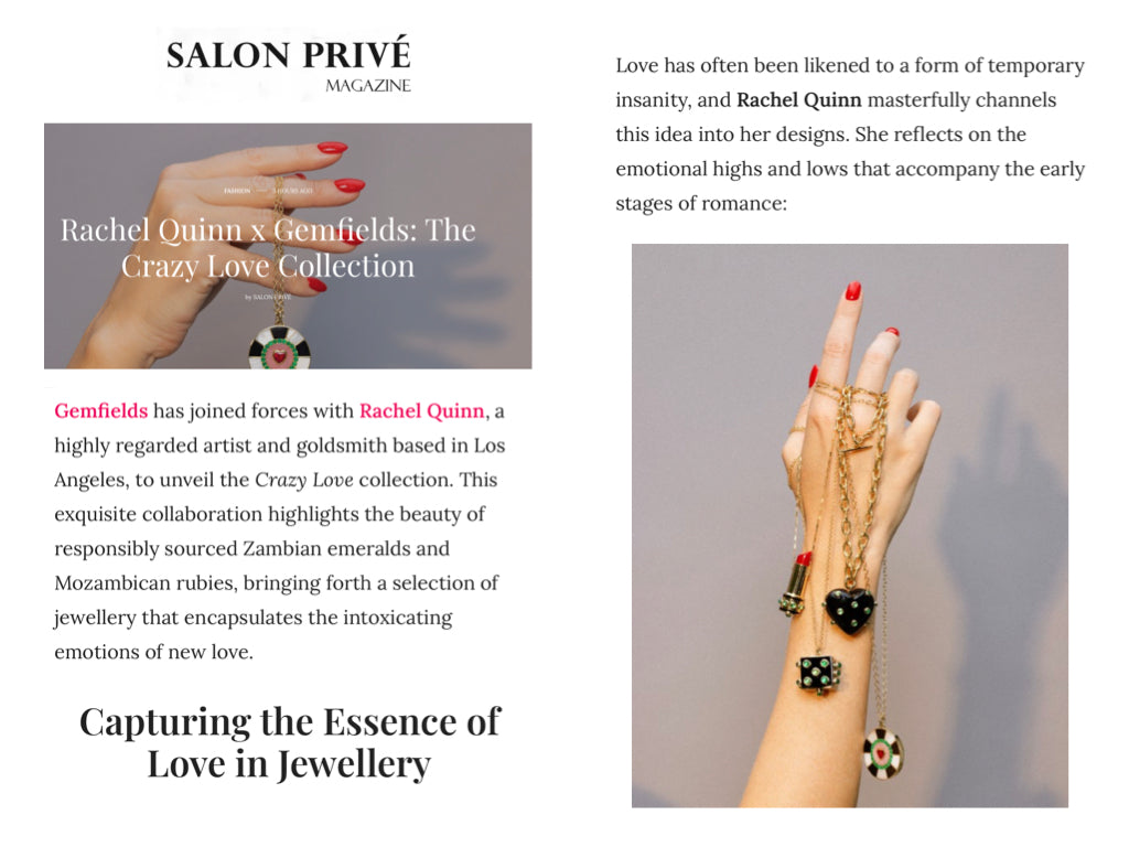 Magazine article featuring Gemfields and Rachel Quinn gold necklaces with emerald and ruby gemstones hanging from a woman’s hand against a gray background