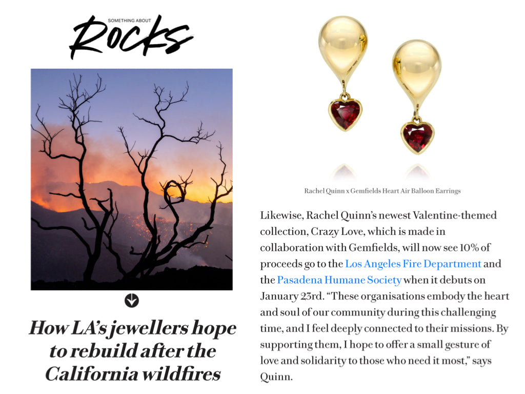 Magazine article about LA jewelers donating proceeds of sales to aid in the LA wildfires. Photos of a fired-scored landscape next to a gold and ruby heart earrings by Rachel Quinn.