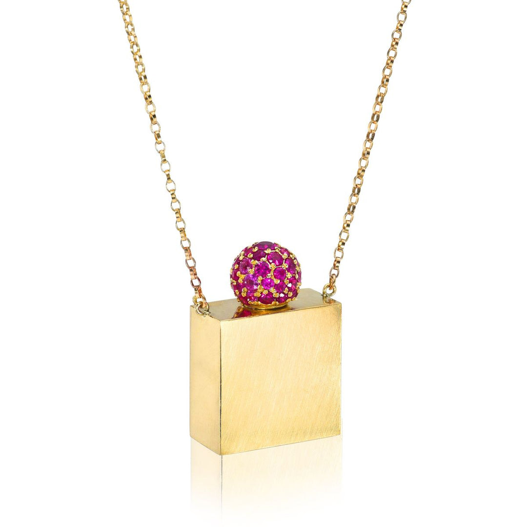 Rachel Quinn Jewelry 14k yellow gold square vessel box necklace gold chain with pink sapphire pave gold screw ball top side view large size.