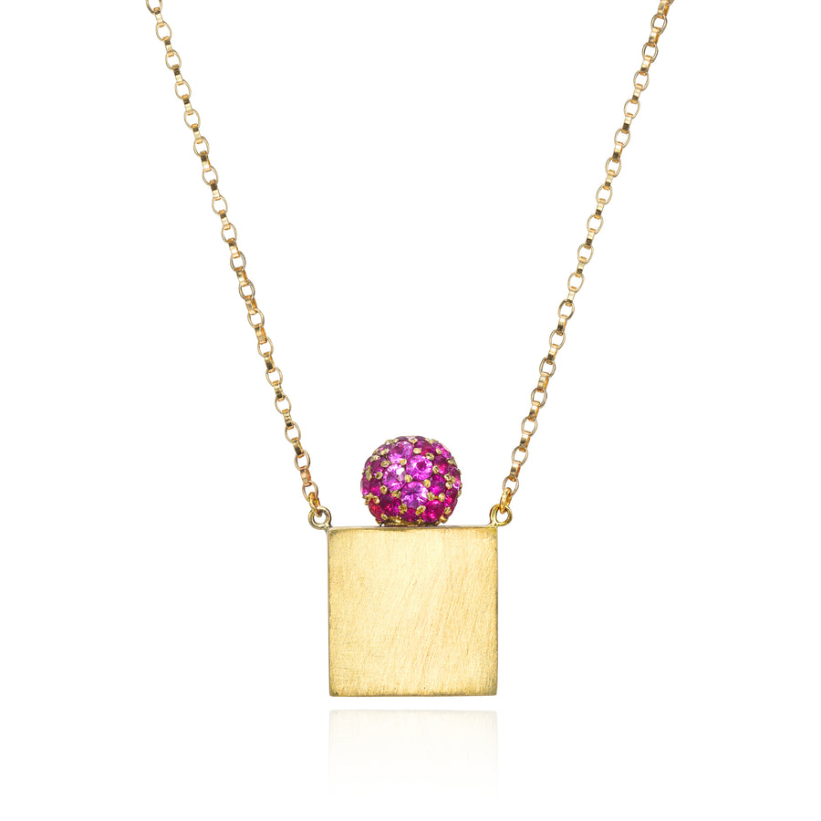 Rachel Quinn Jewelry 14k yellow gold square vessel box necklace gold chain with pink sapphire pave gold screw ball top.
