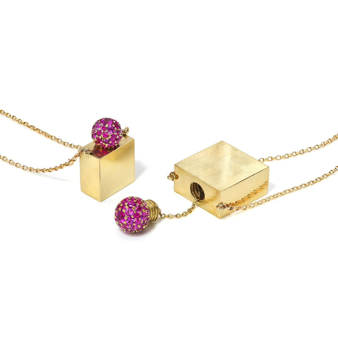 Rachel Quinn Jewelry 14k yellow gold square vessel box necklace gold chain with pink sapphire pave gold screw ball top side by side view.