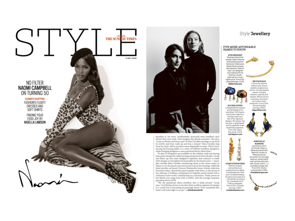 Sunday Times featuring gold jewelry next to a black and white photos of tow women as well as the model Naomi Campbell.