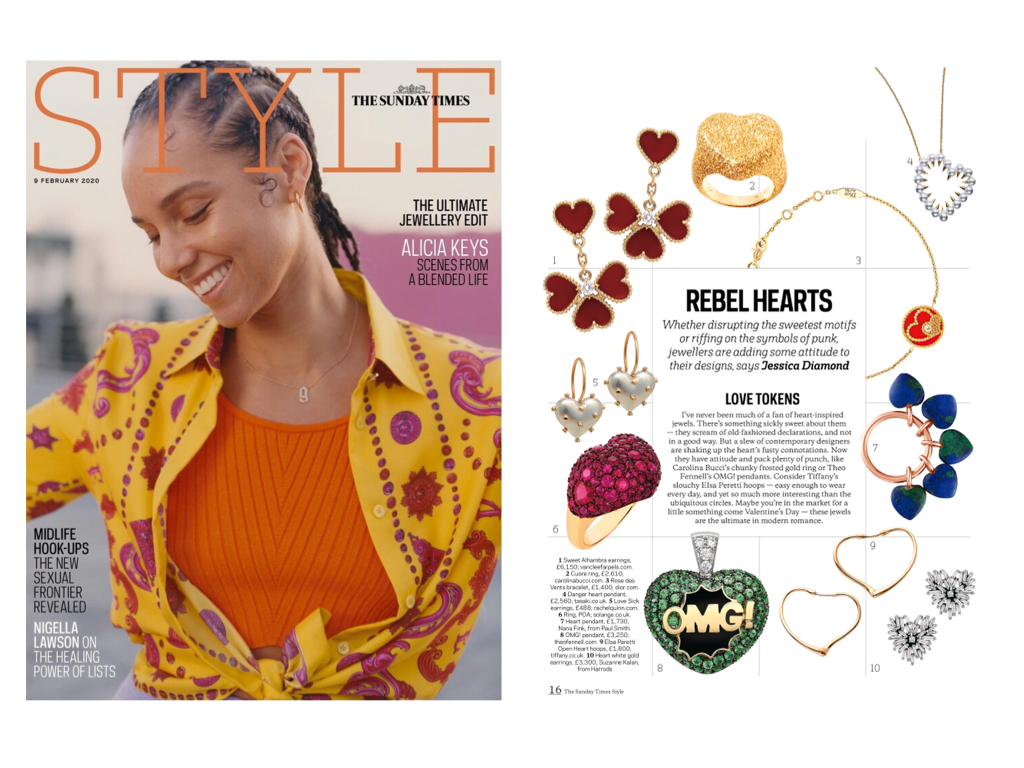 Sunday Times Style featuring an array of rebel heart jewelry next to a photo of a smiling woman in an orange and yellow top.