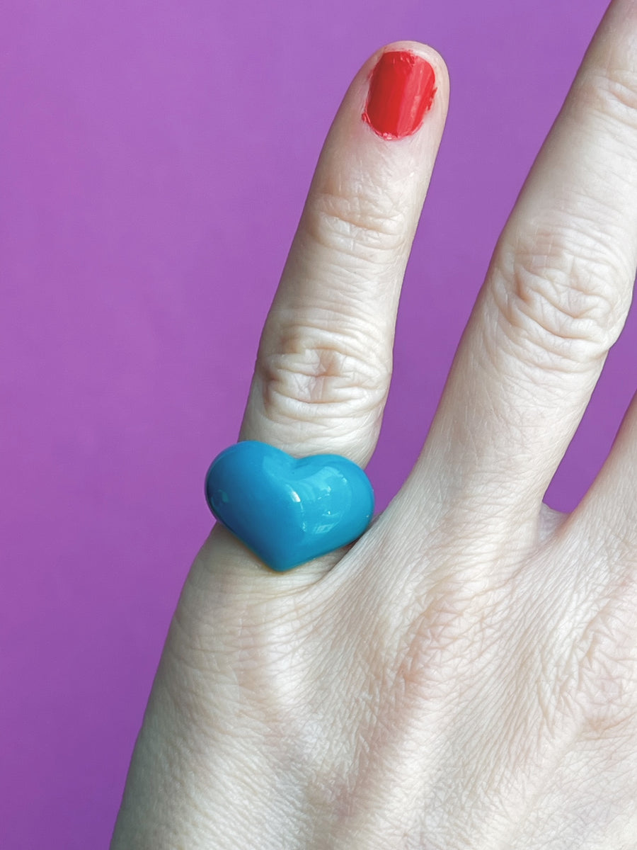 Teal Candy Heart Pinky Ring, size 4