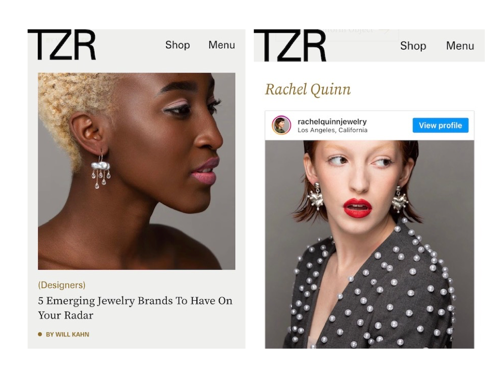 The Zoe Report article featuring a woman’s profile wearing Rachel Quinn pearl cloud earrings and a woman in a pearl-covered blazer wearing Rachel Quinn's silver heart and pearl earrings against grey backgrounds