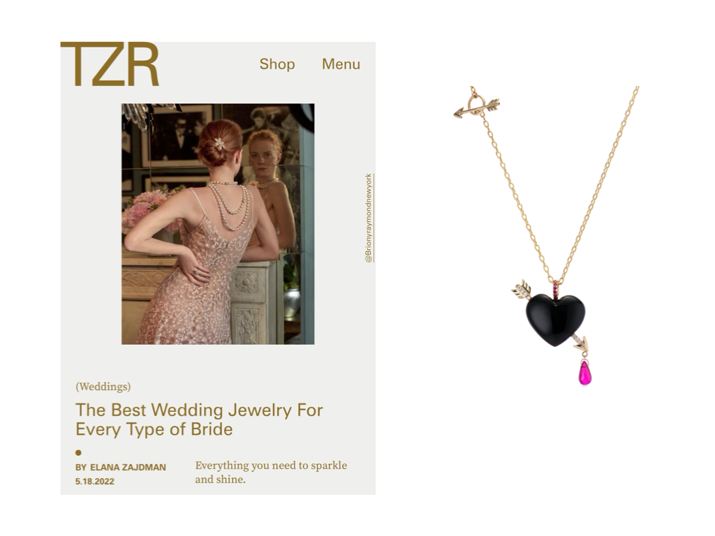 The Zoe Report wedding jewelry article featuring a Rachel Quinn gold, ruby, diamond, and black onyx heart necklace alongside a woman in a pink dress wearing layered pearl necklaces.