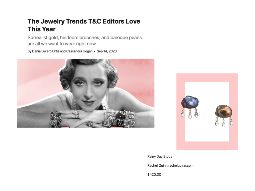 Town and Country magazine feature showing Rachel Quinn gold pearl rain cloud earrings beside a black-and-white photo of a woman wearing stacked bracelets.