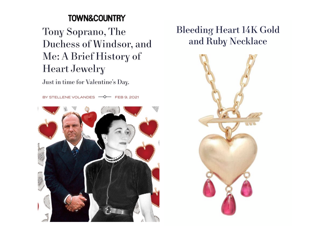 Town and Country feature with gold and ruby heart pendant next to a photo of a man and woman with heart in the background.
