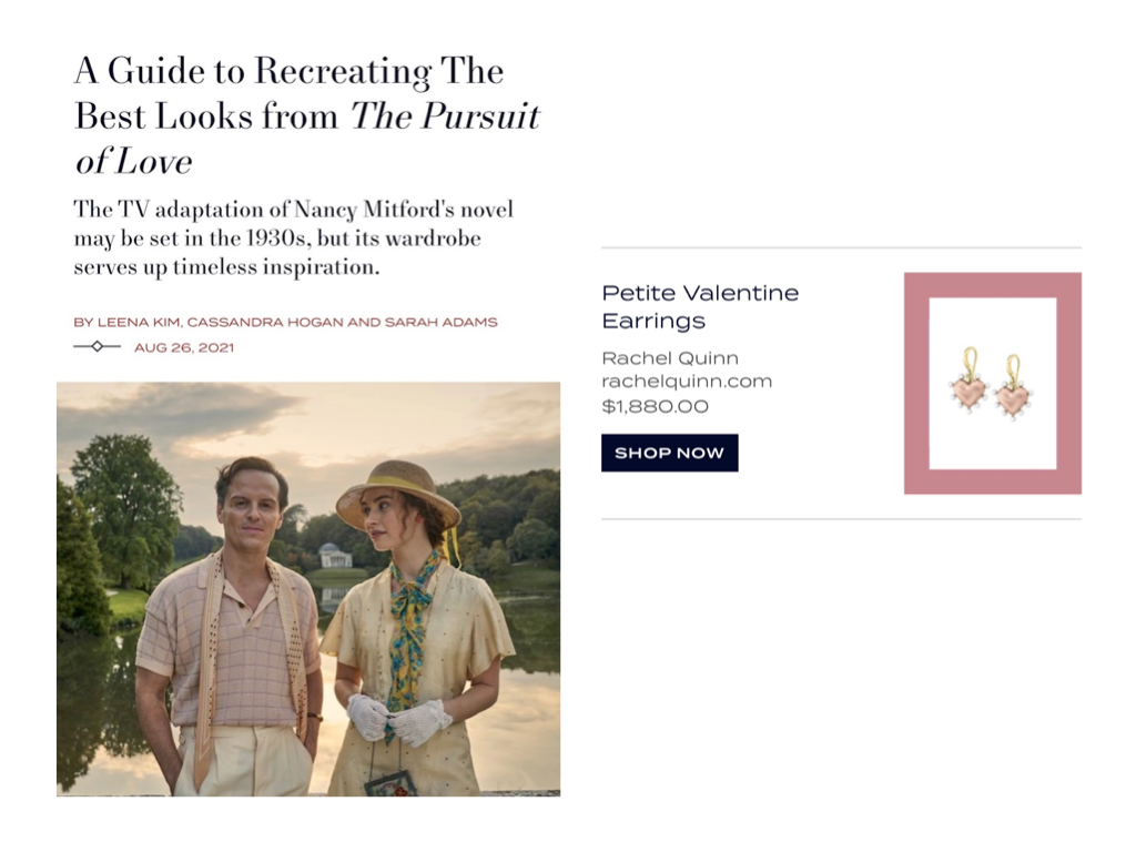 Town & Country feature of Rachel Quinn gold and pearl heart earrings alongside a photo of a man and woman by a lake with trees.
