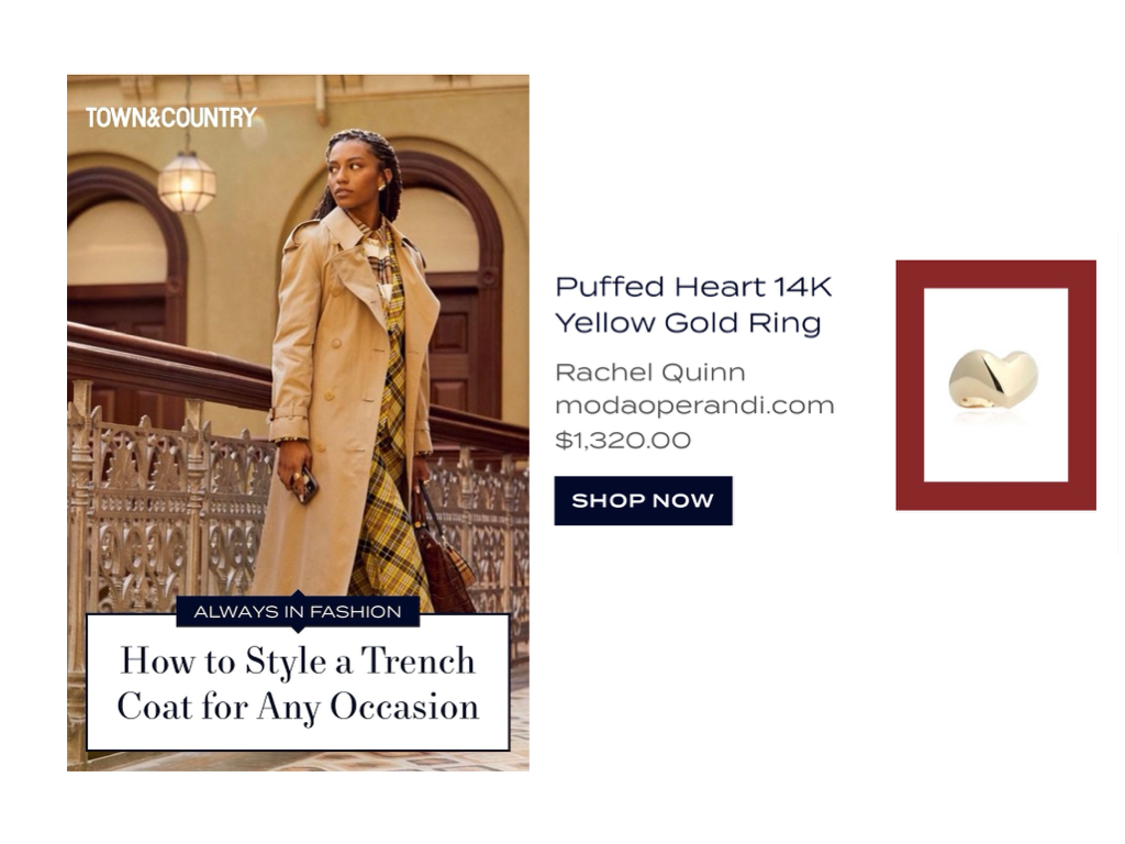 Town and Country feature of a yellow gold heart ring next to a photo of a woman in a brown coat in front of a neutral background.
