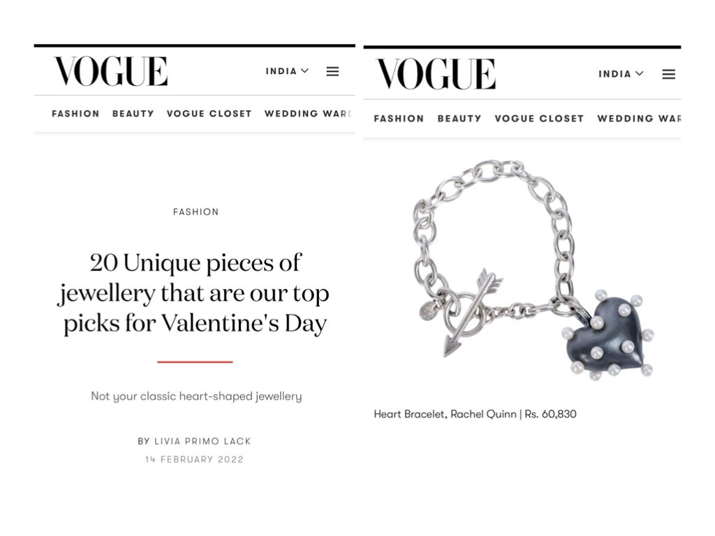 Vogue India feature for Valentine's Day jewelry showcasing a silver and pearl heart bracelet by Rachel Quinn