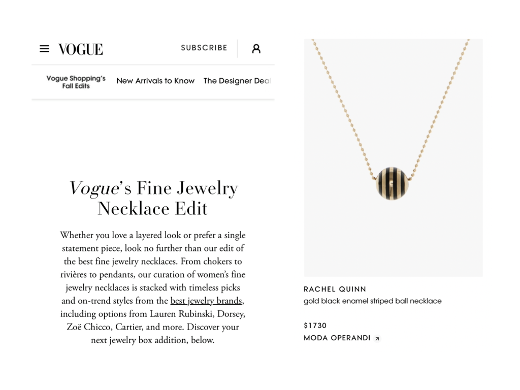 Vogue article featuring Rachel Quinn gold and black enamel striped ball pendant necklace.