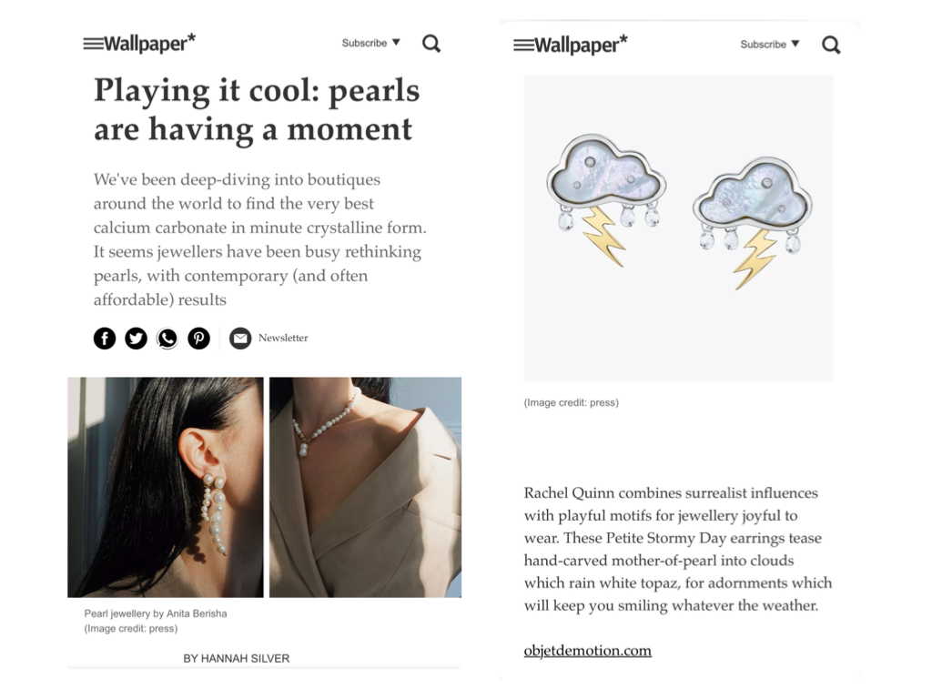 Wallpaper magazine article featuring pearl jewelry, including a close-up of a woman wearing pearl earrings and a necklace, alongside Rachel Quinn storm cloud mother-of-pearl earrings.