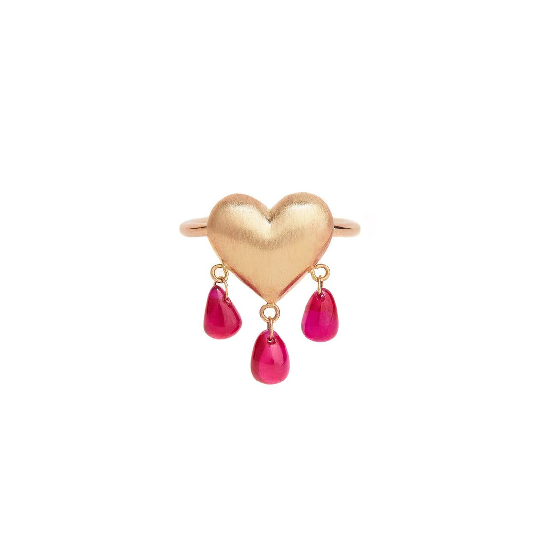 14k gold puffy heart ring with 3 ruby droplets dangling from heart