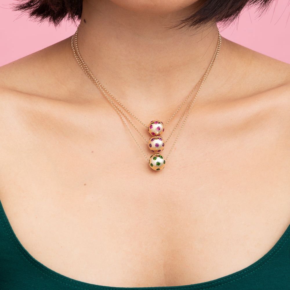 Rachel-Quinn-Jewlery-Polka-Dot-Ball-Necklace-Chrome-Diopside-Stack-on-female-model-neck