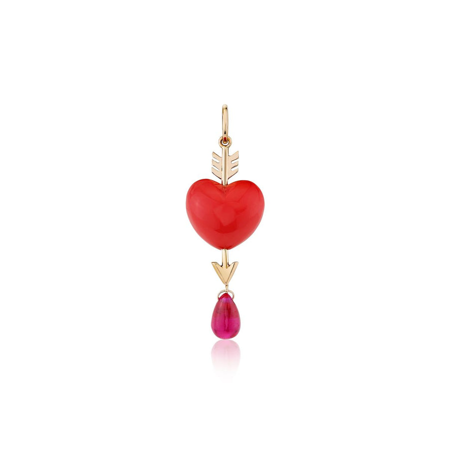 Rachel Quinn Jewelry 3-dimensional puffy heart pierced with Cupid's arrow and single droplet of ruby dangling on white background