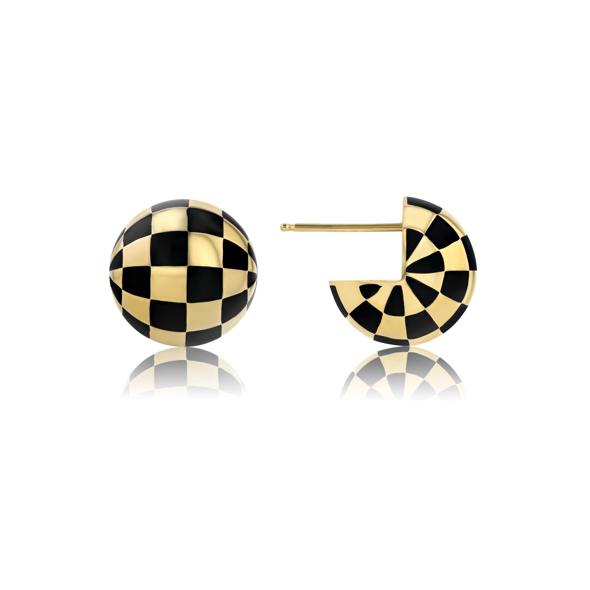 Round gold ball earrings with black checkered pattern against a white background