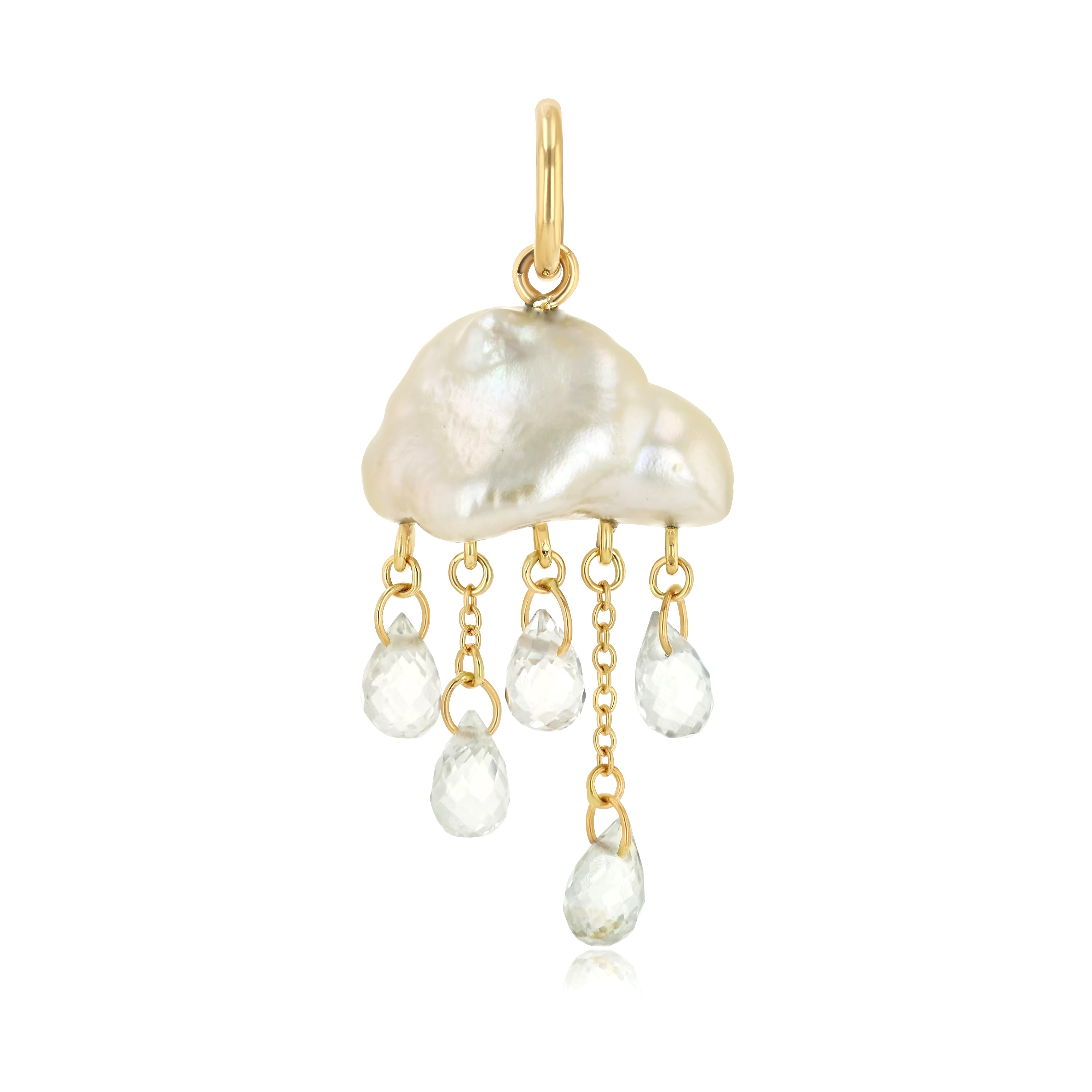 Pearl cloud charm with clear gemstones dangling from gold chain on a white background