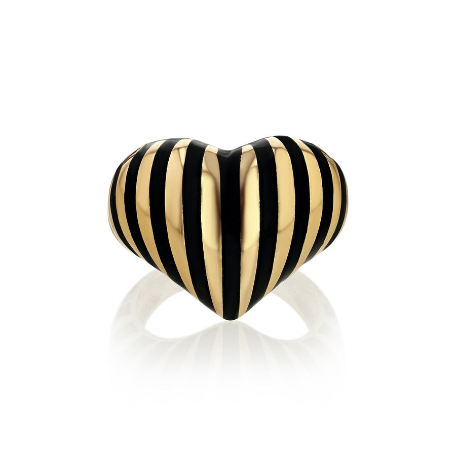 Rachel Quinn Jewelry Chubby Heart Ring in yellow gold with black striped enamel inlay.