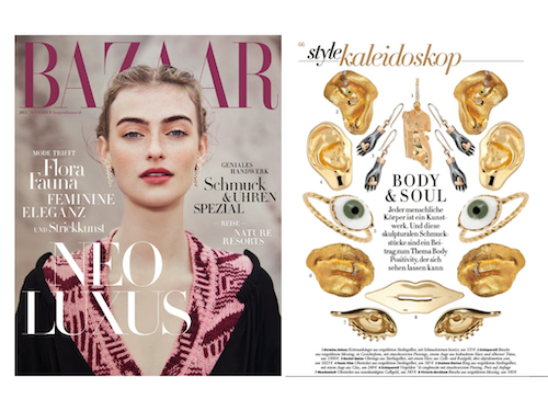 Harper’s Bazaar page featuring gold body-part jewelry, including Rachel Quinn hand and heart earrings in silver and gold, alongside a woman in a black and pink sweater against a neutral background.