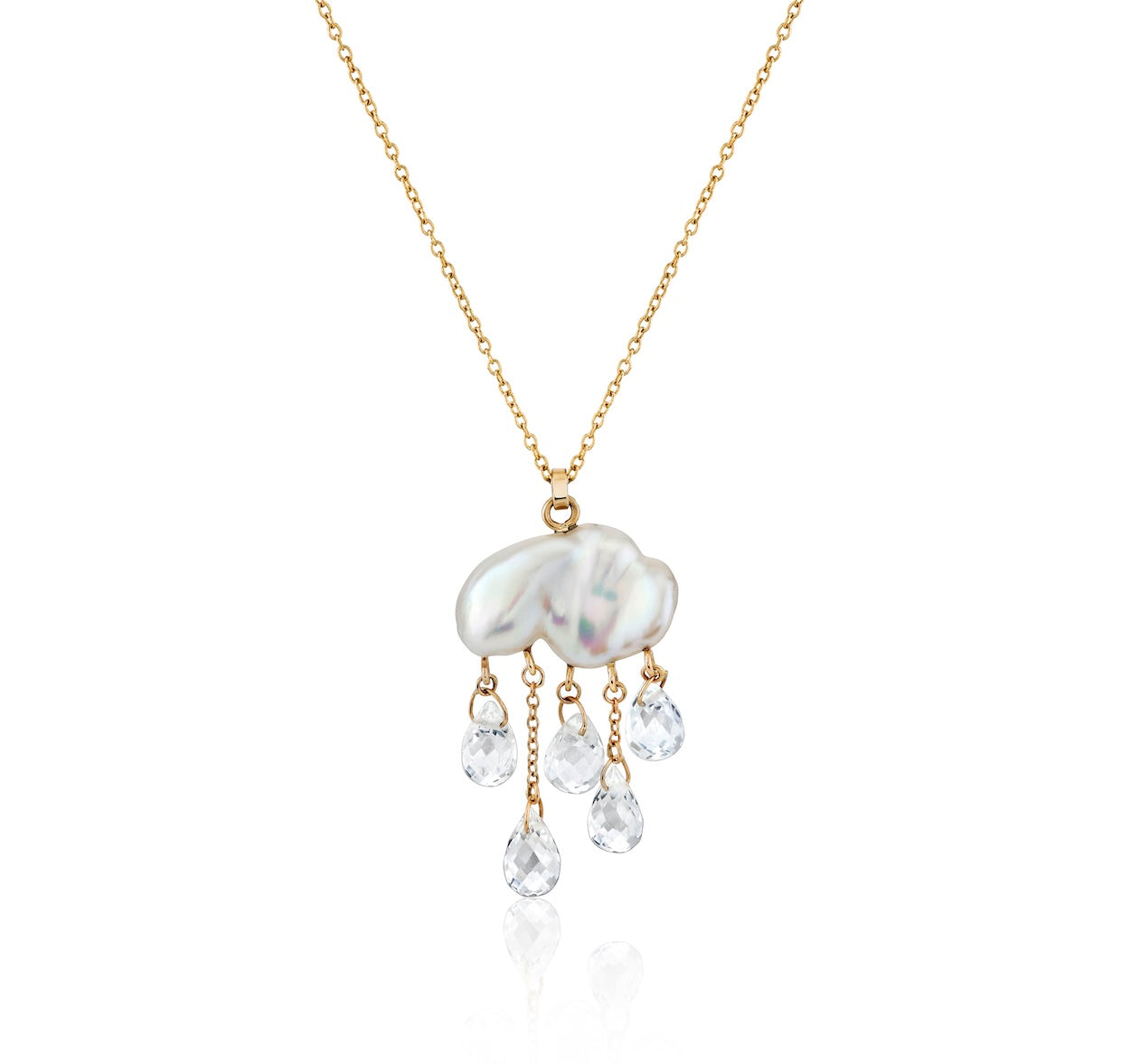 Yellow gold and white pearl cloud pendant with clear gemstone rain drops dangling below on a white background.
