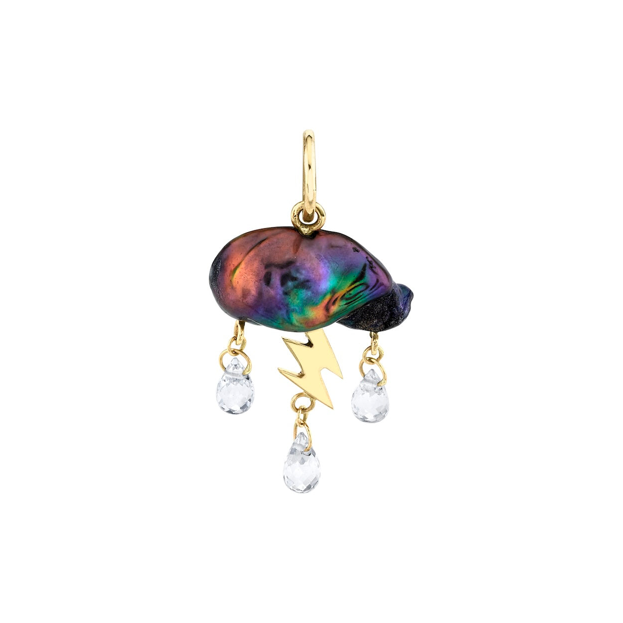 Dark iridescent pearl cloud charm with yellow gold lightning bolt and clear gemstone rain drops dangling below on a white background.