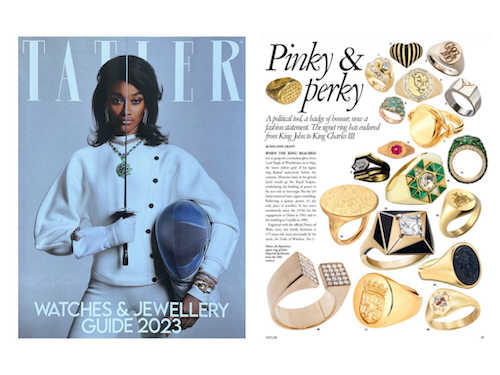 Tatler article featuring an assortment of gold pinky rings alongside a photo of a woman in white holding a sword and wearing a necklace.