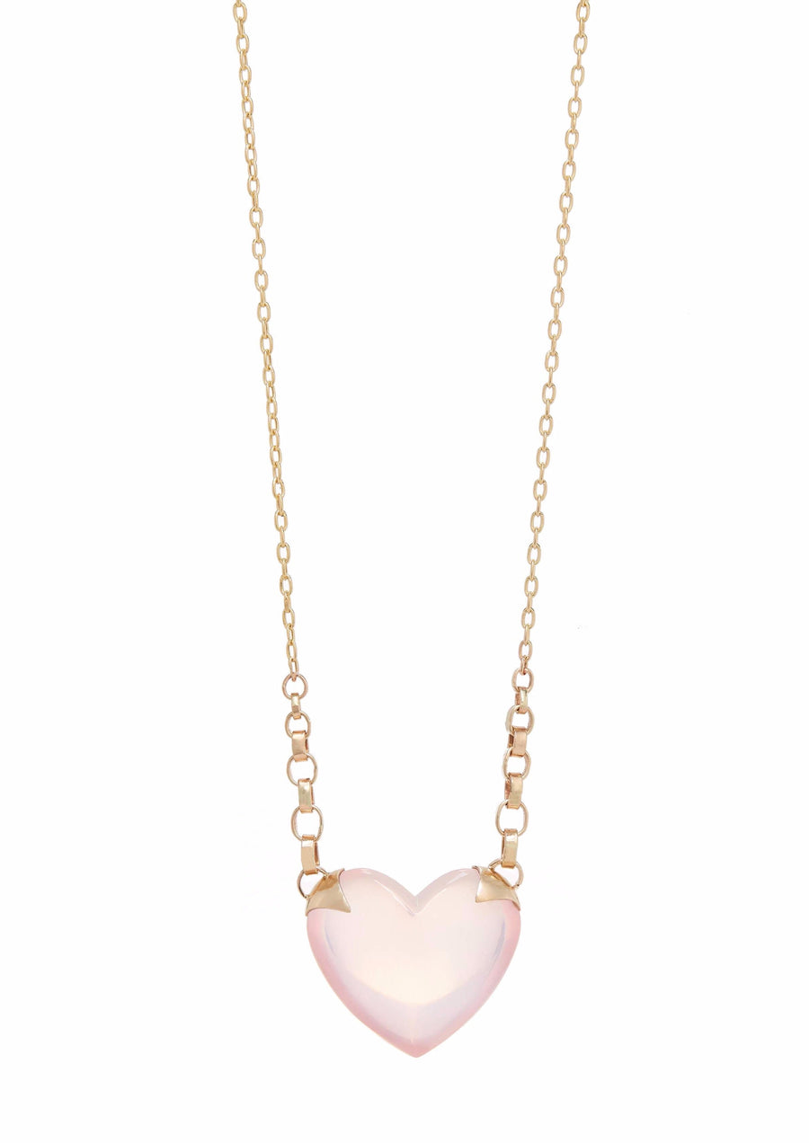 rose shiny puffy quartz heart necklace with side gold shackles leading up to gold chain