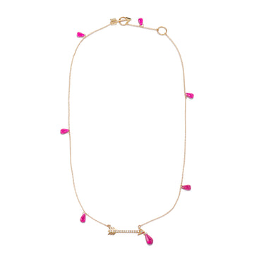 Yellow gold chain-linked necklace with 7 ruby droplets and a diamond pave arrow in the center with arrow t bar type of clasp