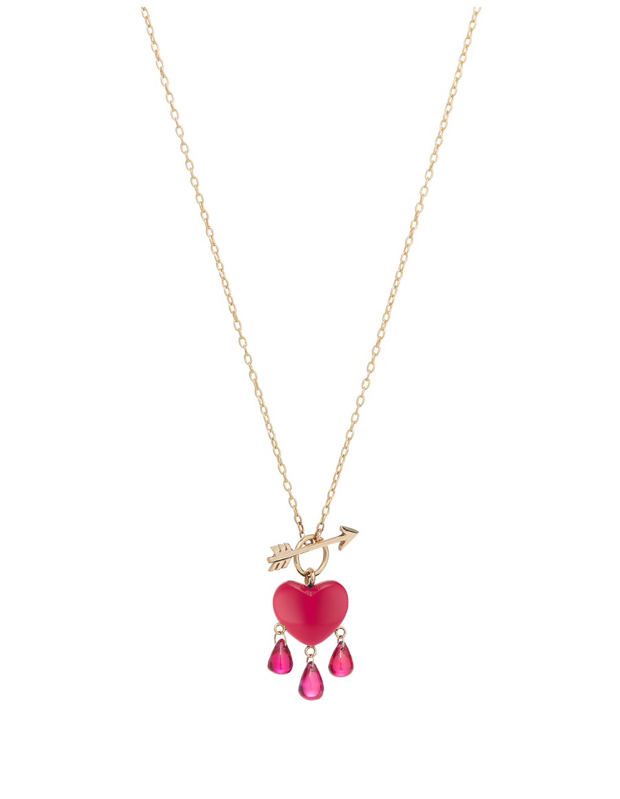 coral heart necklace with three ruby droplets and a gold arrow closure on a gold chain