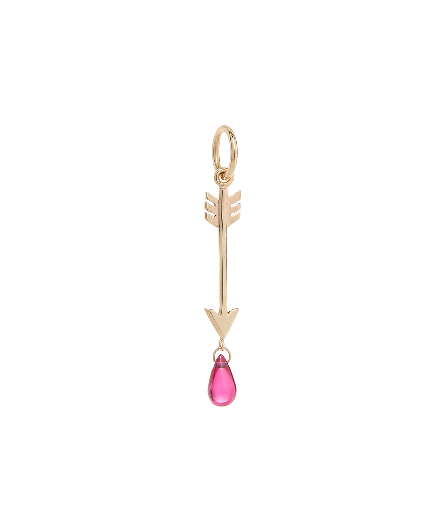 Yellow gold arrow charm with pink ruby droplet dangling from tip