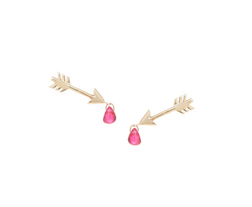 Yellow gold arrow studs with pink ruby droplets dangling from the arrows's tips