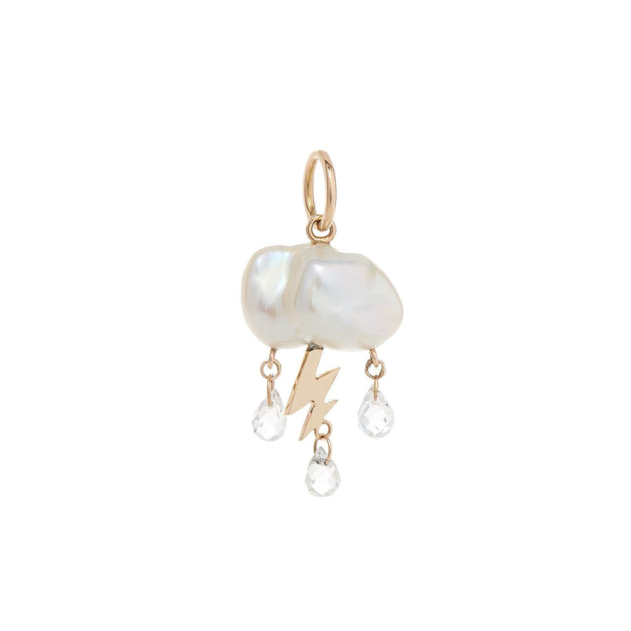 small keshi cloud like pearl charm with 3 white topaz rain drops from underneath and yellow gold lightening bolt of the center three
