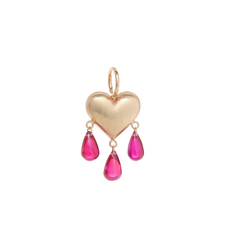 Yellow gold puffy heart with 3 pink rubies droplets dangling below