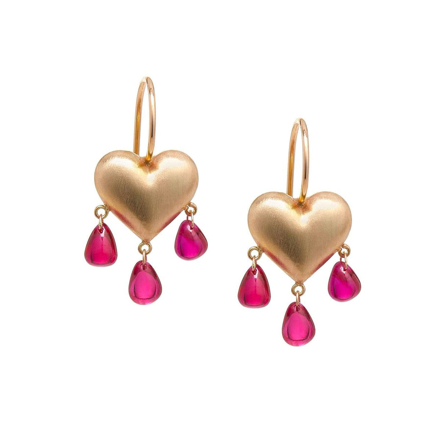 Yellow gold puffy hearts on french earwigs with 3 pink ruby drops dangling below each heart
