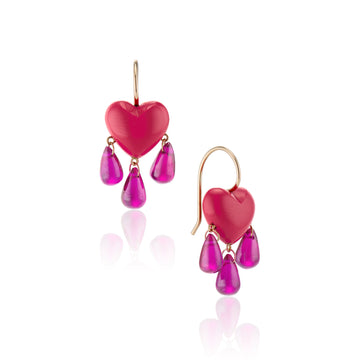 small smooth coral earrings with gold ear wires drips with a trio of ruby blood