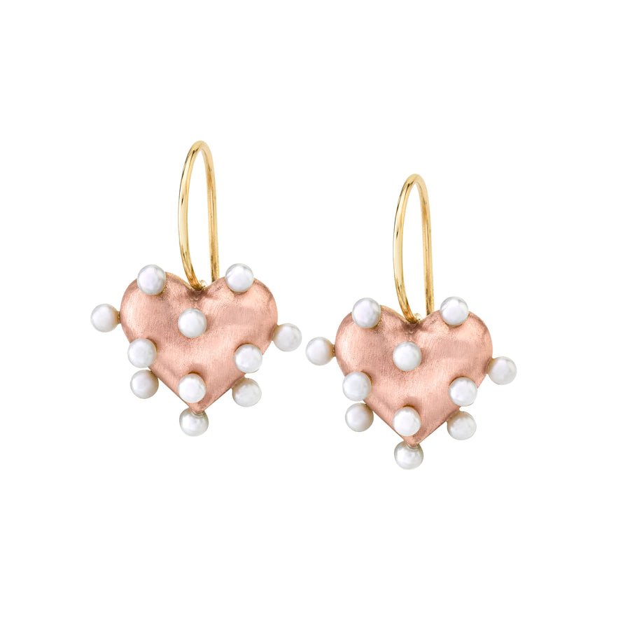 petite rose gold brushed puffy heart earrings set with freshwater pearls all around with yellow gold ear wires